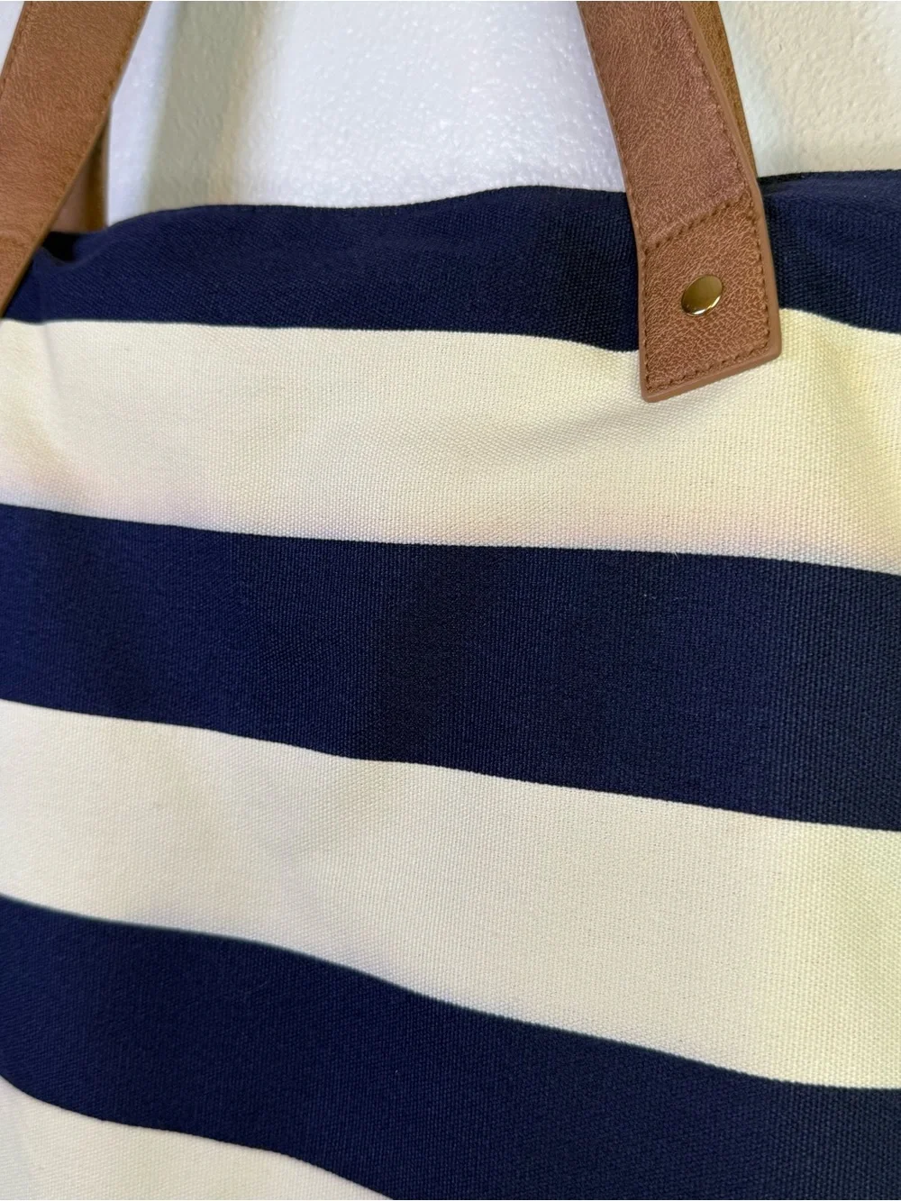 Merona Nautical Navy & Cream Striped Canvas Tote Beach Bag with Crossbody Strap